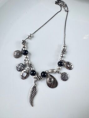 Boho Sterling Silver Charm Necklace with Black Beads